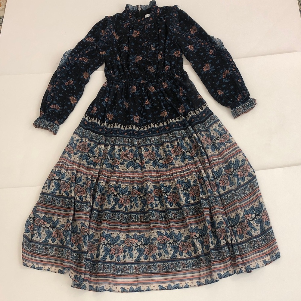MEENA S Dress Floral Long Sleeve Boho Maxi Dk Blue Dusty Rose Excellent Conditio
